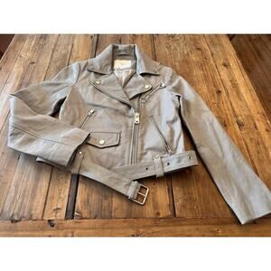 Maje Women’s Cow Leather Biker Jacket Size 36 FR Small Grey Lined Motorcycle